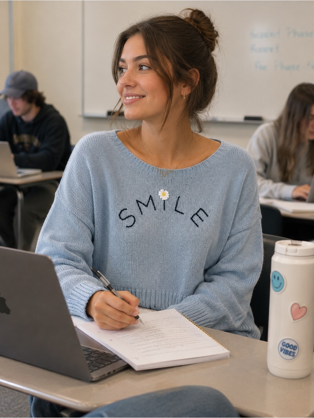LC Lauren Conrad Light Blue 'SMILE' Daisy Crewneck Sweater